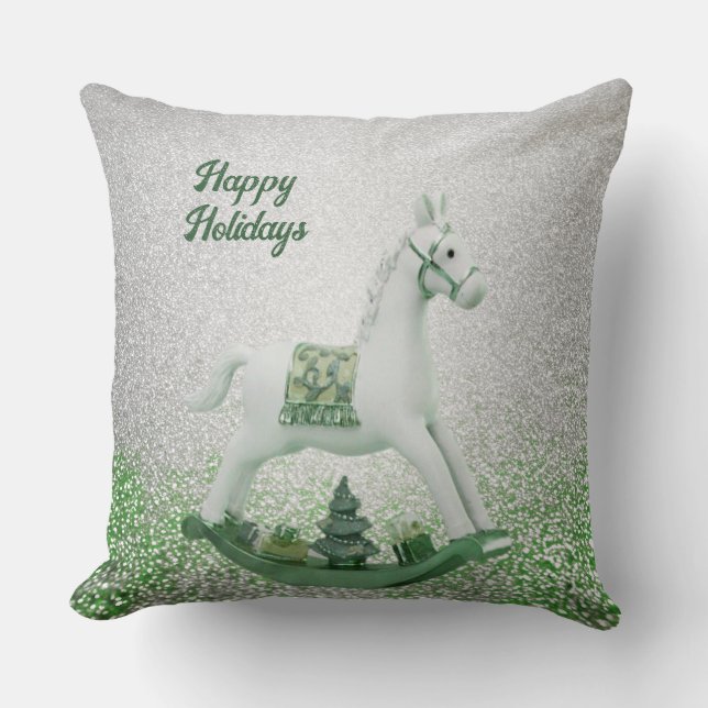 White Rocking Horse Green Christmas Holiday Throw Pillow (Front)