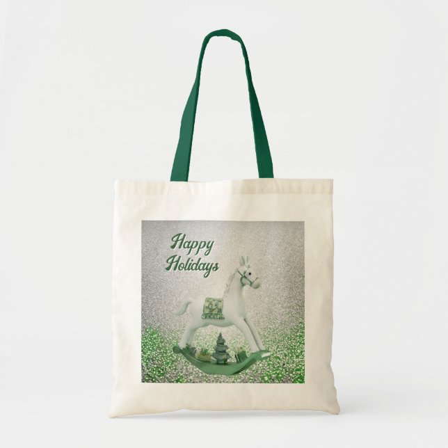 White Rocking Horse Green Christmas Holiday Tote Bag (Front)