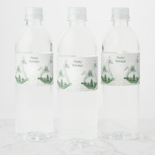 White Rocking Horse Green Christmas Holiday Water Bottle Label