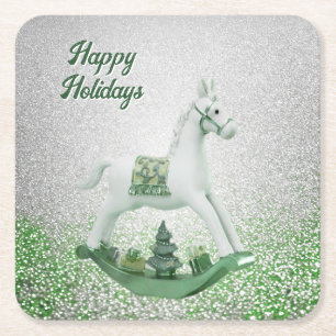 White Rocking Horse Green Christmas  Paper Coaster