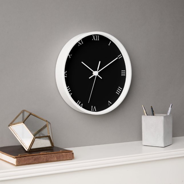White Roman Numbers Black with White Wooden Frame Clock (Office)