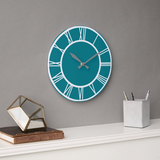 White Roman Numbers Border Pattern Teal Blue Round Large Clock (Office)