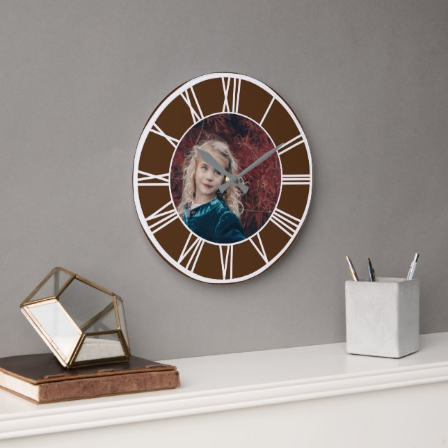 White Roman Numeral Border Brown Add Photo Round Large Clock (Office)