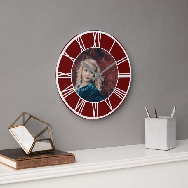 White Roman Numeral Border Dark Red Photo Round Large Clock (Office)