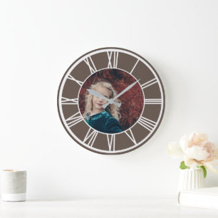 White Roman Numeral Border Dusty Brown Add Photo Large Clock
