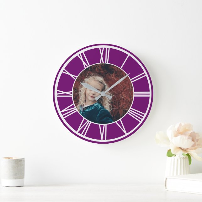 White Roman Numeral Border Purple Add Photo Round Large Clock (Home)