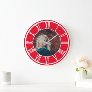 White Roman Numeral Border Red Add Photo Round Large Clock