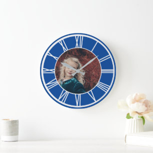 White Roman Numeral Deep Blue Add Photo Round Large Clock