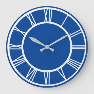 White Roman Numeral Pattern Border Deep Blue Round Large Clock