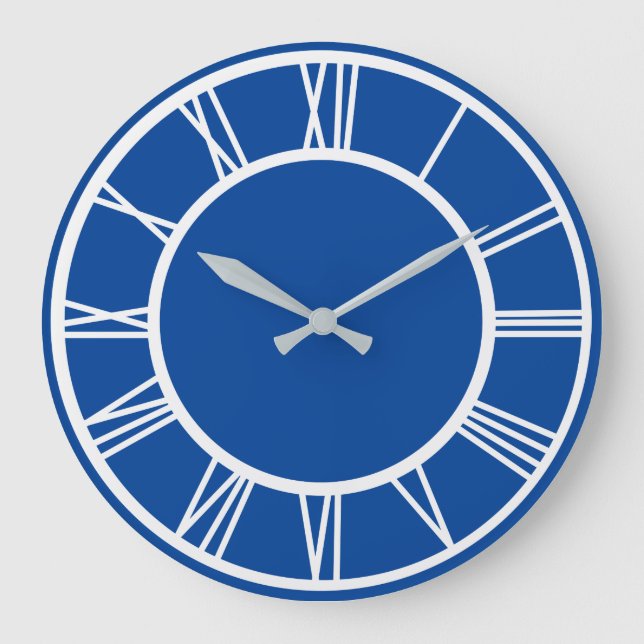 White Roman Numeral Pattern Border Deep Blue Round Large Clock (Front)