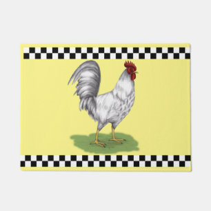 White Rooster-w/chequerboard Door Mat