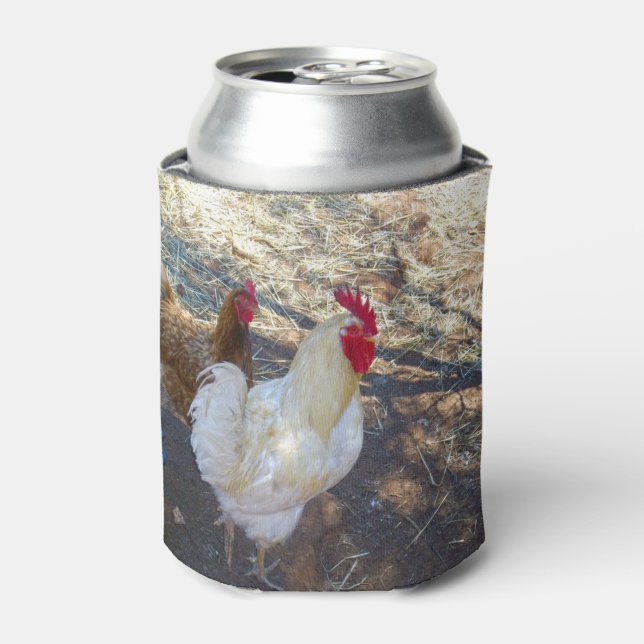White Rooster With His Hen, Can Cooler (Can Front)