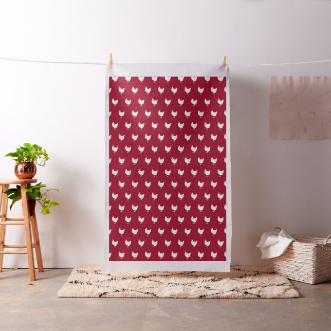 White Roosters On Red Background Fabric (In Situ)