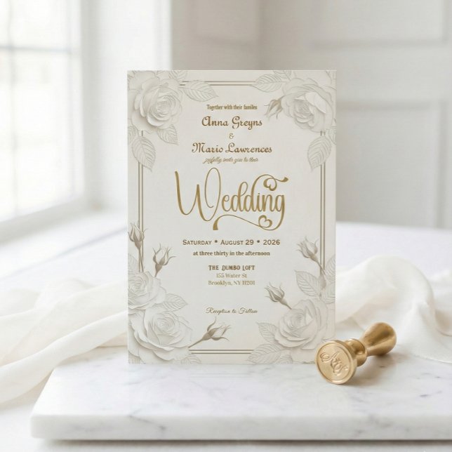 White Rose 3D Paper Cut Effect Faux Gold Wedding Invitation (Creator Uploaded)
