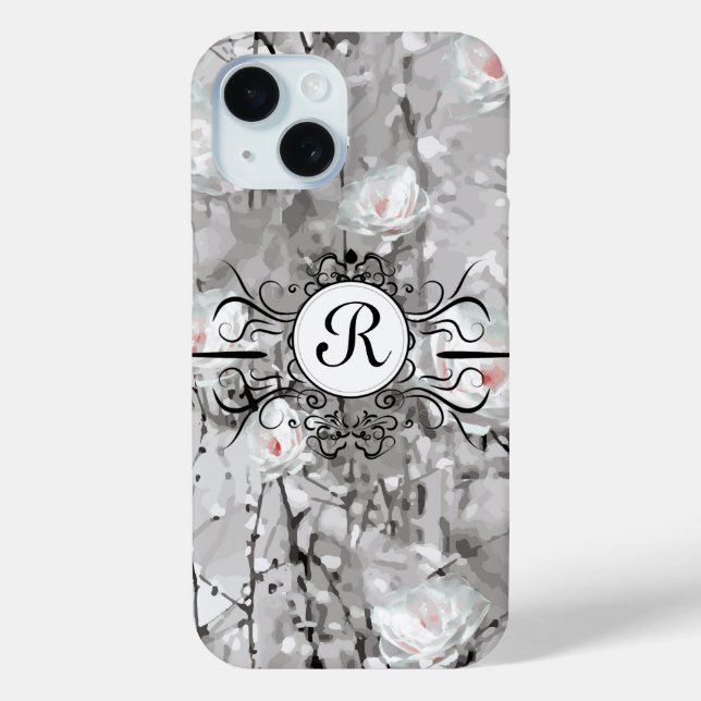 White rose abstract floral grey white black Case-Mate iPhone case (Back)