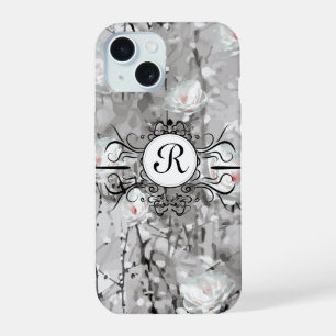 White rose abstract floral grey white black iPhone 15 case