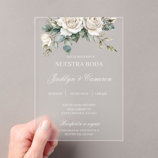 White Rose acrylic Spanish Wedding Invitations (Insitu (Handheld))