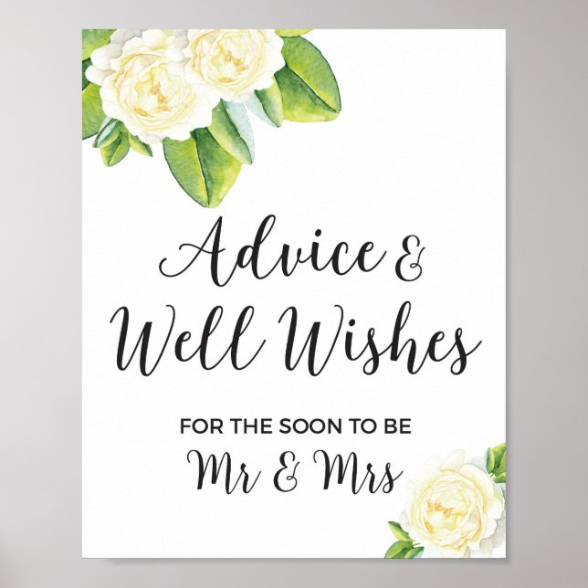 white Rose Advice and Well Wishes Wedding Sign (Front)