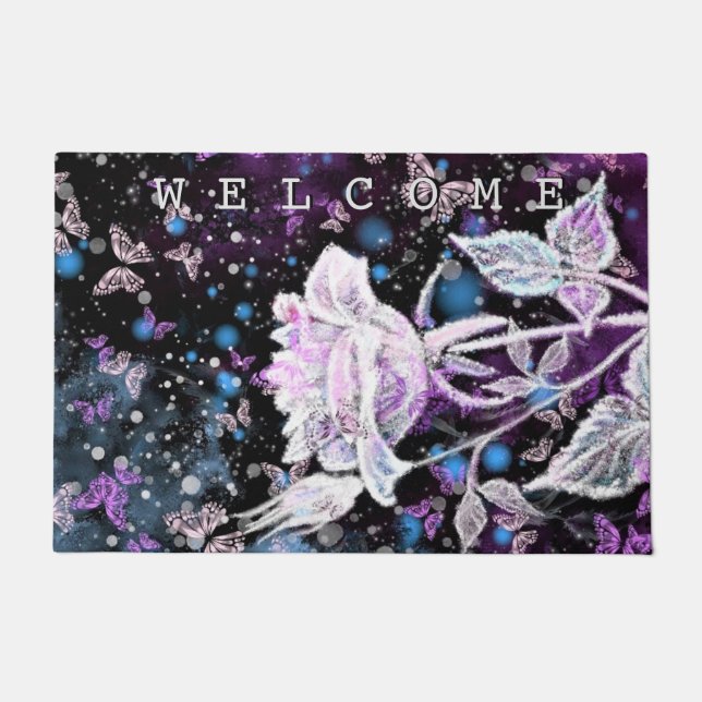 White Rose and Butterflies Doormat (Front)