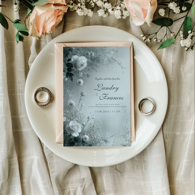 White Rose and Dusty Blue Mist Winter Wedding Invitation (Creator Uploaded)