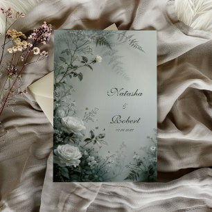 White Rose and Dusty Gray Fern Winter Wedding Invitation