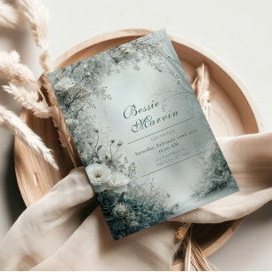 White Rose and Dusty Grey Winter Wedding Invitation
