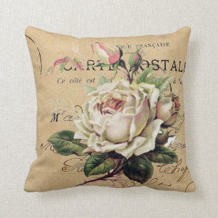 white rose and french postcard shabb chic throw pillow