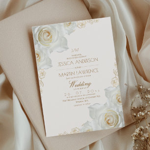  White Rose and Gold Flowers Elegant Soft Wedding  Invitation