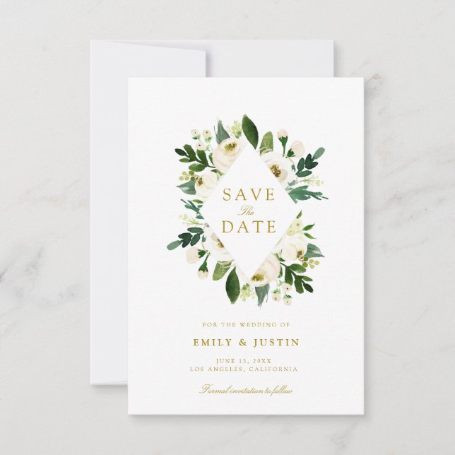 white rose and greenery save the date card (Front)