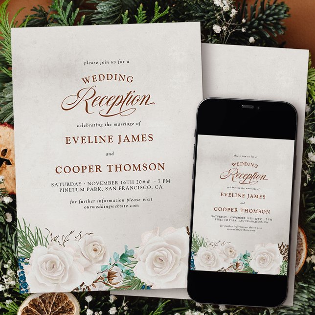 White Rose and PineWinter Wedding Reception Only Invitation (Wedding Reception only invitation from my Winter White Roses collection)