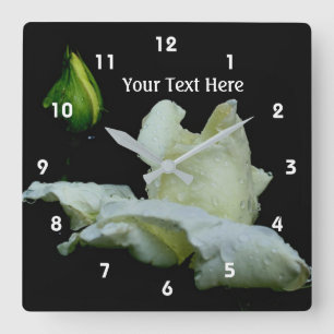 White Rose And Raindrops Flower Square Wall Clock