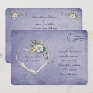 white rose and ribbon heart purple postcard