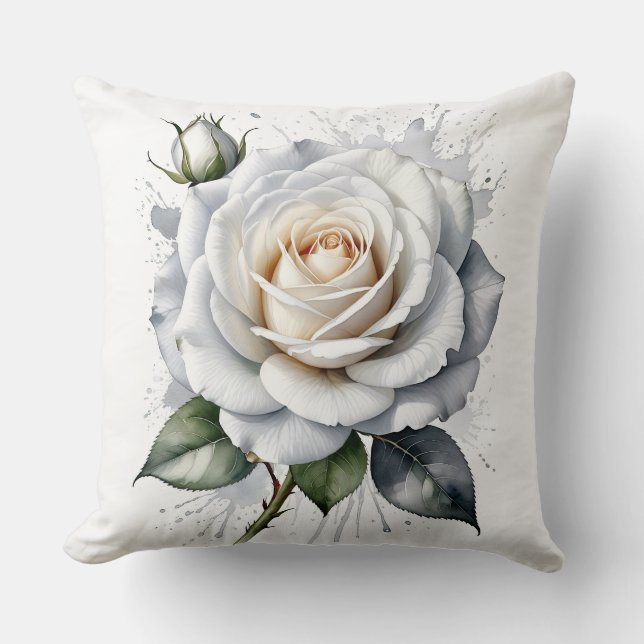 White Rose and rosebud, Silver Leaves Throw Pillow (Front)