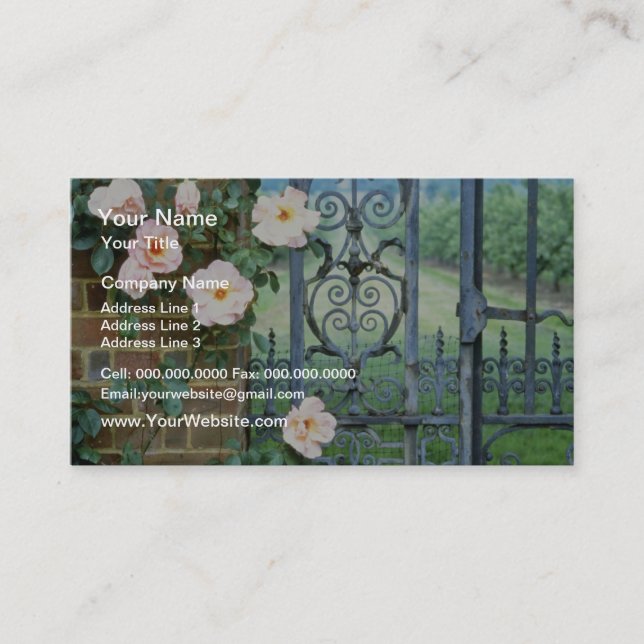 white Rose And Wrought Iron Gate flowers Business Card (Front)