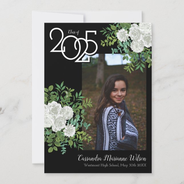 White Rose Black Photo Graduation Announcement (Front)