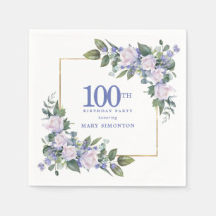 White Rose Blue Floral Custom 100th Birthday Party Napkin