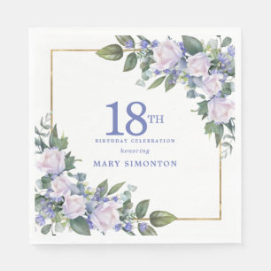 White Rose Blue Floral Custom 18th Birthday Party Napkin