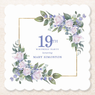 White Rose Blue Floral Custom 19th Birthday Party Paper Coaster