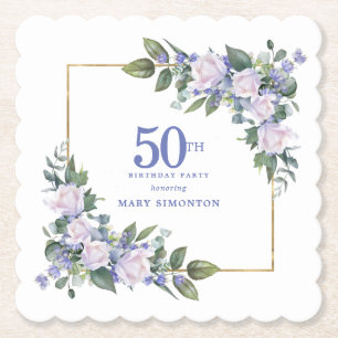 White Rose Blue Floral Custom 50th Birthday Party Paper Coaster