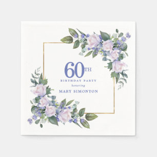 White Rose Blue Floral Custom 60th Birthday Party Napkin
