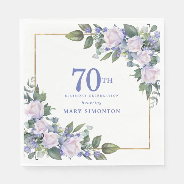 White Rose Blue Floral Custom 70th Birthday Party Napkin (Front)