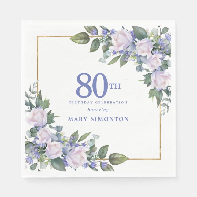 White Rose Blue Floral Custom 80th Birthday Party Napkin (Front)