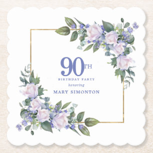 White Rose Blue Floral Custom 90th Birthday Party Paper Coaster