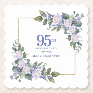 White Rose Blue Floral Custom 95th Birthday Party Paper Coaster