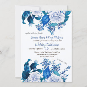 White Rose Blue Flowers on Cryspy White Invitation