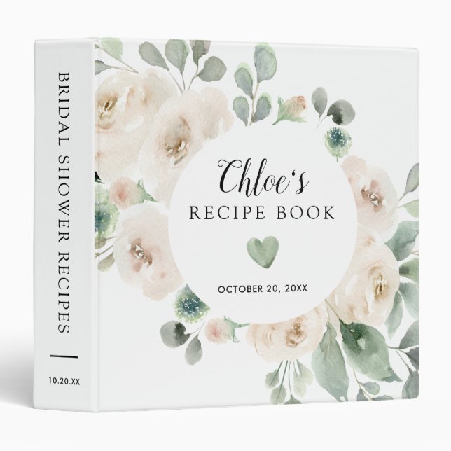 White Rose Botanical Bridal Shower Recipe Book Binder (Front/Spine)