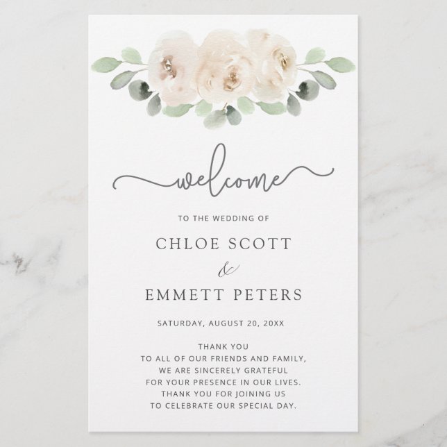 White Rose Botanical Mariage Ceremony Programme (Devant)