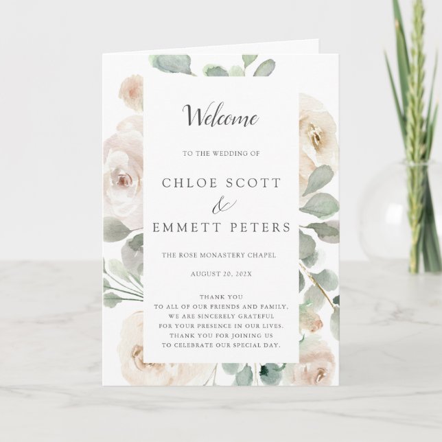 White Rose Botanical Wedding Programme (Devant)