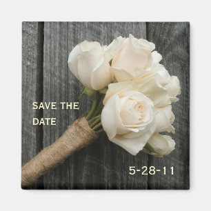 White Rose Bouquet and Barnwood Save The Date Magnet