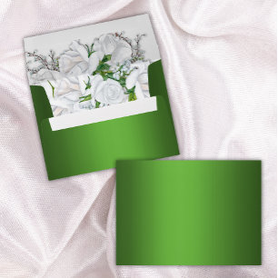 White Rose Bouquet and Metallic Green Wedding   Envelope